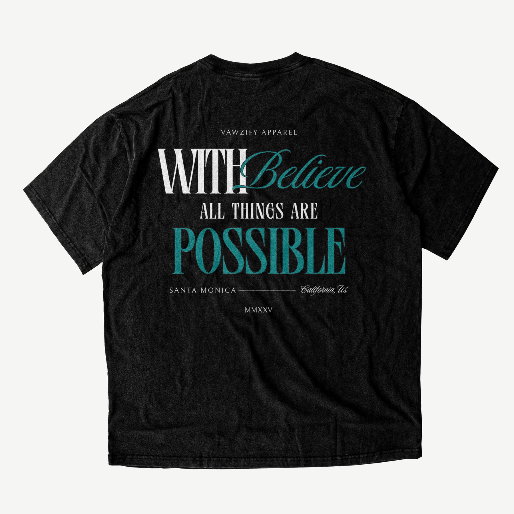 VAWZIFY 'Believe Possible' Oversized Shirt in Vintage Schwarz – Inspirierender Rückenprint 'With Believe All Things Are Possible'.