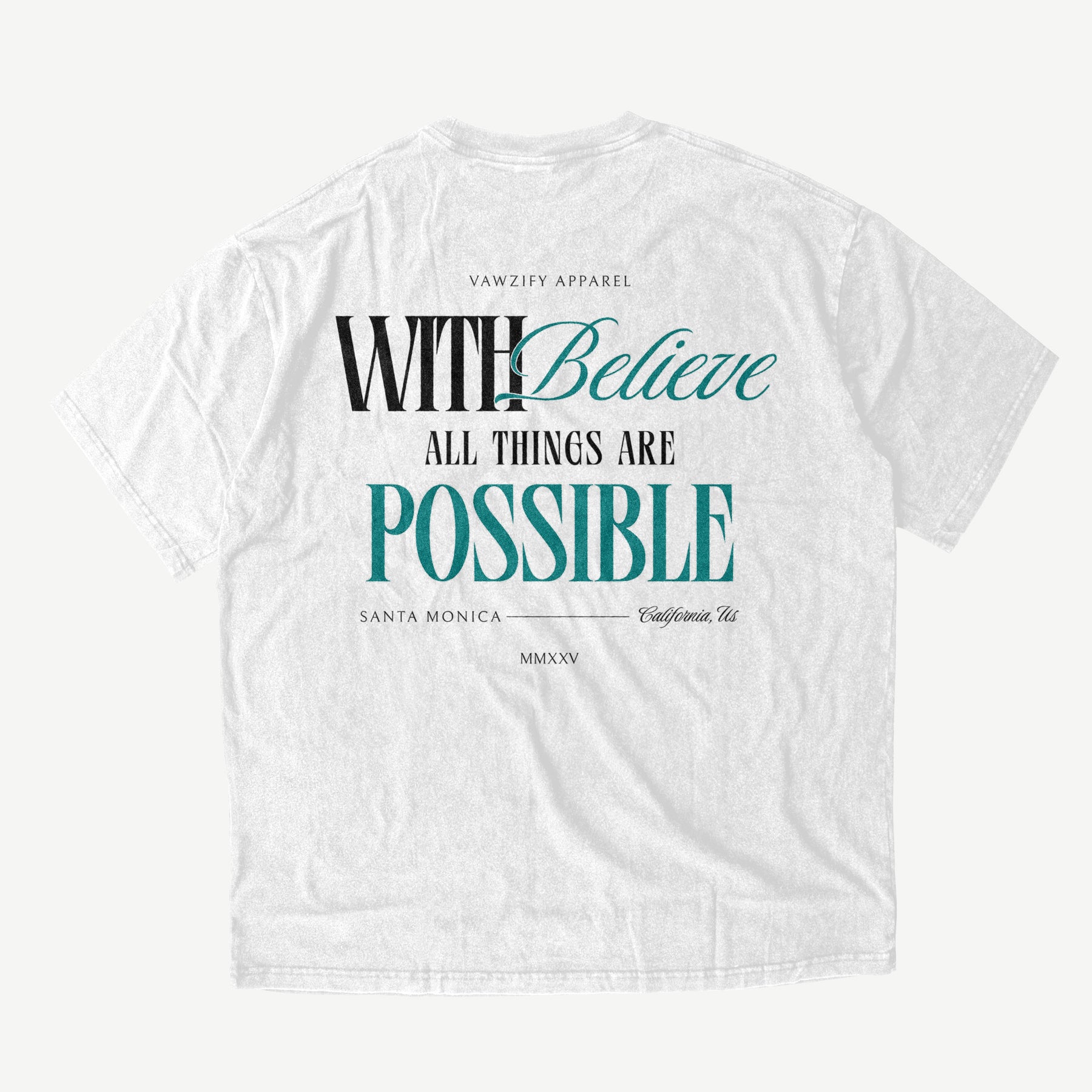 VAWZIFY 'Believe Possible' Oversized Shirt in Vintage Weiss – Streetwear Shirt mit 'All Things Are Possible' Zitat auf der Rückseite.