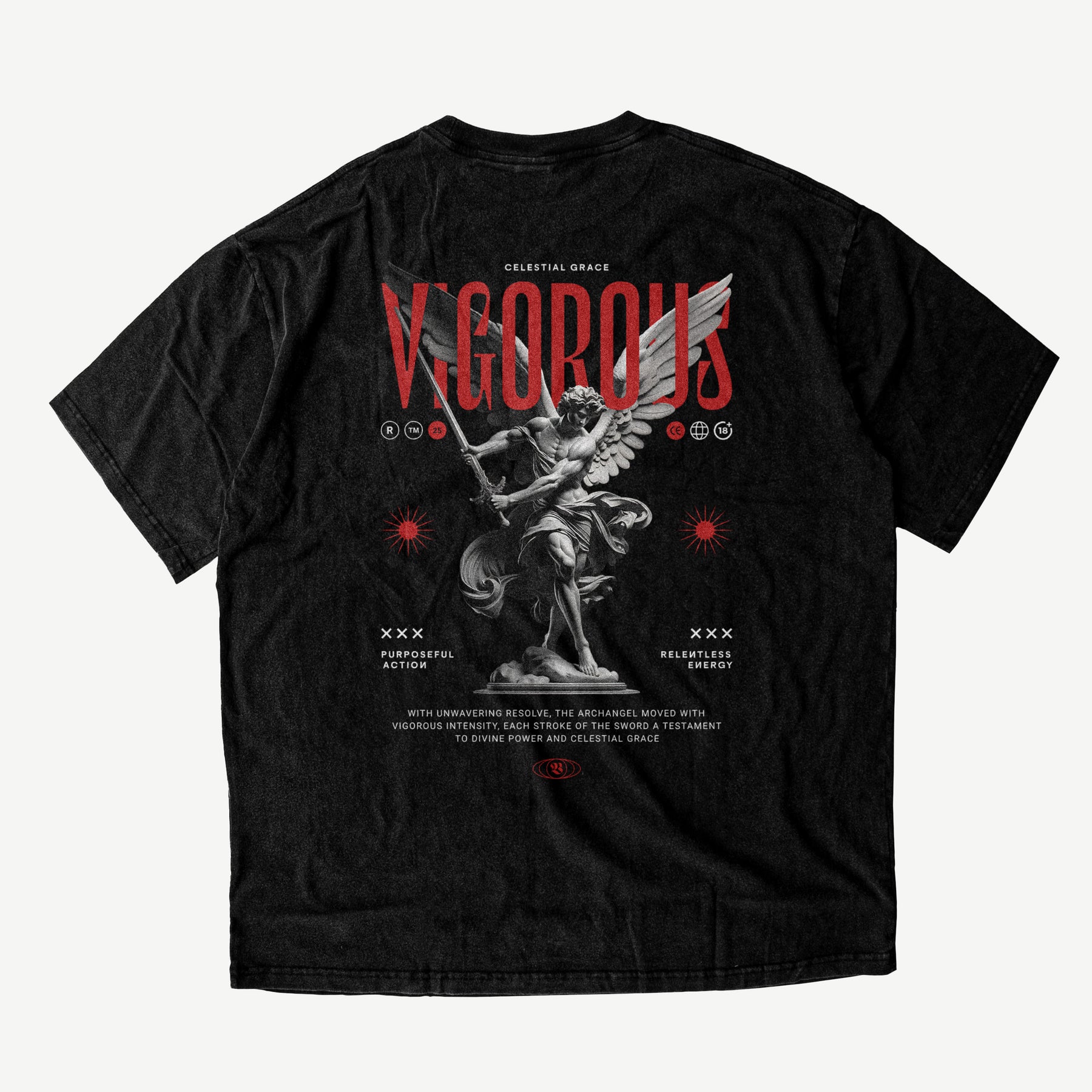 VAWZIFY 'Archangel Vengeance' Oversized Shirt in Vintage Schwarz – Kraftvoller Rückenprint mit Erzengel-Motiv und mystischer Aura.