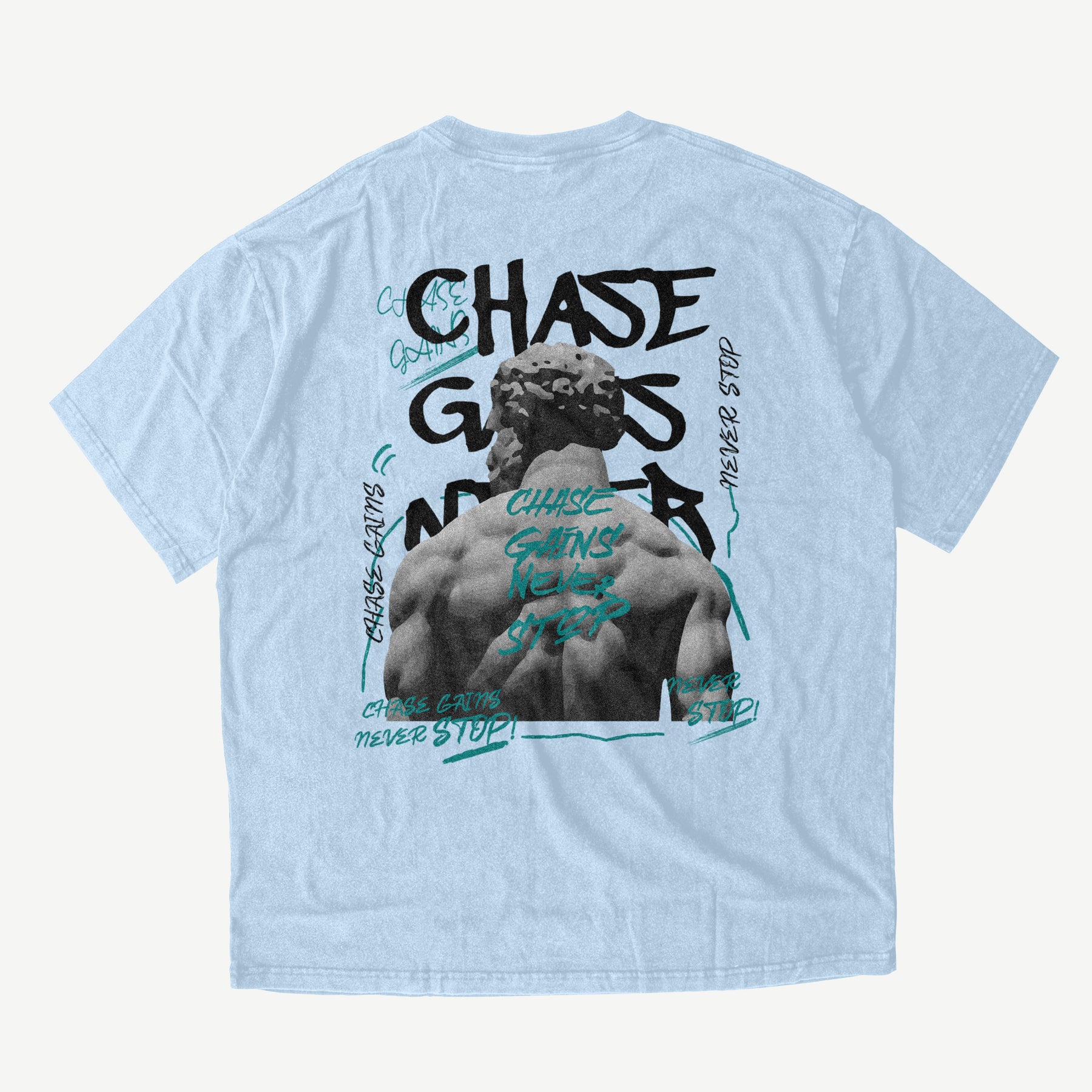 VAWZIFY 'Goal Chaser' Oversized Shirt in Vintage Babyblau – Motivierender Rückenprint für zielstrebige Träumer und Macher.