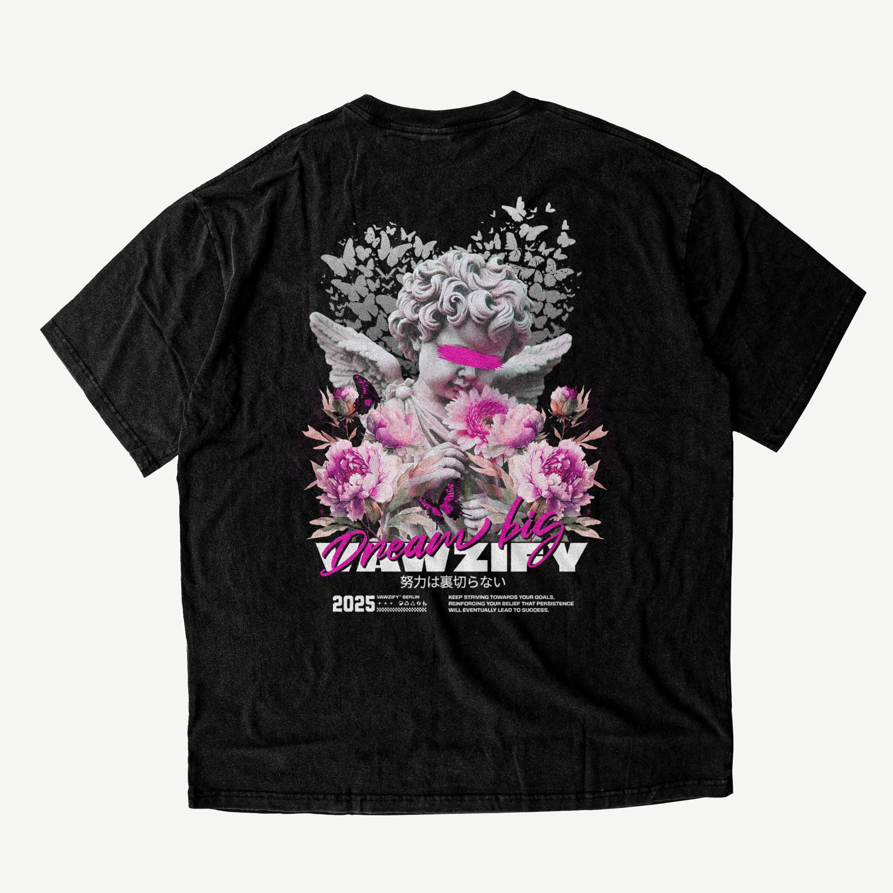 VAWZIFY 'Bloomed Whispers' Oversized Shirt in Vintage Schwarz – Streetwear Grafik-T-Shirt mit kunstvollem 'Bloomed Whispers' Floral-Rückenprint.