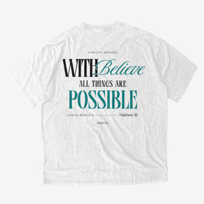VAWZIFY 'Believe Possible' Oversized Shirt in Vintage Weiss – Streetwear Shirt mit 'All Things Are Possible' Zitat auf der Rückseite.