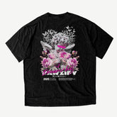 VAWZIFY 'Bloomed Whispers' Oversized Shirt in Vintage Schwarz – Streetwear Grafik-T-Shirt mit kunstvollem 'Bloomed Whispers' Floral-Rückenprint.