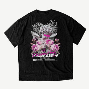 VAWZIFY 'Bloomed Whispers' Oversized Shirt in Vintage Schwarz – Streetwear Grafik-T-Shirt mit kunstvollem 'Bloomed Whispers' Floral-Rückenprint.